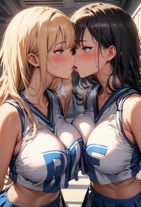 (  masterpiece on penis ,  top quality:1.2) 2 girls,  amazing shadows ,  detailed background, Two women kiss side by side , Deep Kiss,  wearing a white and blue cheerleader uniform, locker room seen , At the same height, I had black hair and got sunburned,...