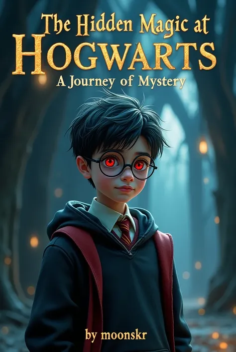  A cover image for a novel inspired by the magical world of Harry Potter,  the image has the title of the novel which is The Hidden Magic at Hogwarts: A Journey of Mystery ,  on the top and on the bottom it says By MoonSkr ,  with the Harry Potter font in ...