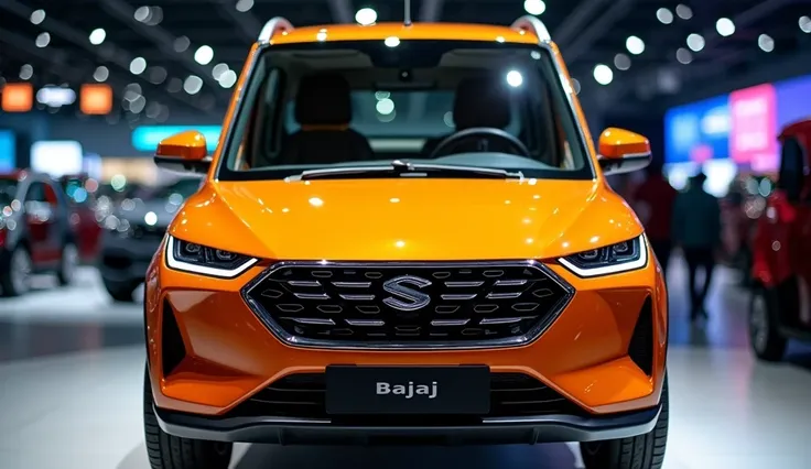 Create A Sleek And Full HD 2025   Bajaj  Auto Rickshaw Parked In Auto Show Front Grill View Shiny orange Color