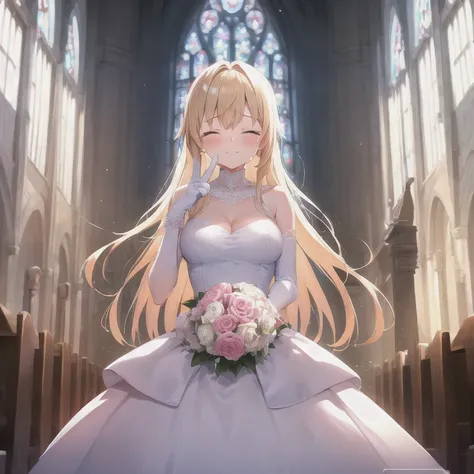  masterpiece on penis,whole body, blonde hair , 1 girl ,  face focus,  Happy Tears,  wedding dress with a woman putting up her middle finger, Bridal gloves, bouquet, Church with Closed Eyes 
