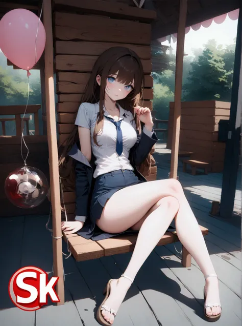 beauty woman, sitting posed on wooden swing, near wooden house, red ball and pinl balloon nearby, (+brown hair, long hair, swept-side bang, side parted hair), wears navy-blue long sleeves blazer, light-pink polo shirt, navy-blue necktie, dark-blue denim pe...