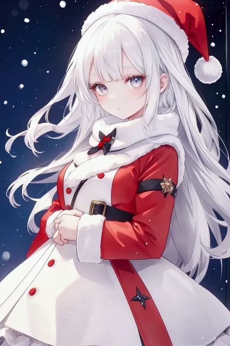 A girl with white hair and a beautiful face in a Santa suit standing alone on a snowy day