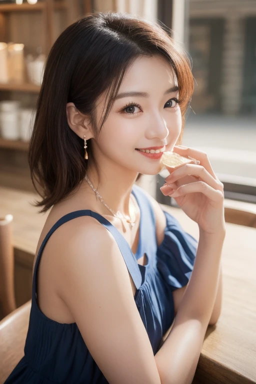  Inhaling Eyes , cute double ,  mystery woman enjoying chiffon cake at cafe,  inside a calm cafe , Light colored medium hair, hairpin,  clothes chosen for a date , Talented , Kind personality,  woman who is very particular about the details ,  detailed hai...