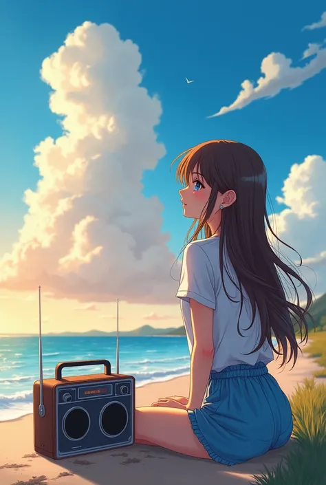 Anime girl listening to music on the radio on the beach,  Anime drawing inspired by Makoto Shinkai ,  Pixivs Popular , Serial Art,  Lofi Girl ,  lo-fi art style, guweiz style artwork ,   high quality anime art style with long brown hair and blue eyes ,  an...