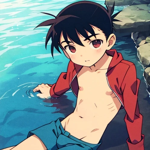 Boys, swimming trunks, Slim Sexy , black hair,  naked body,  Red-Faced, 