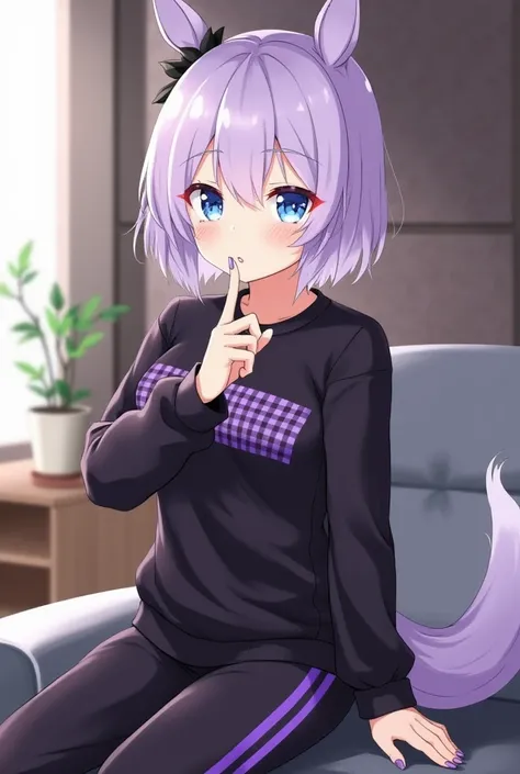 Horse&#39;s ears、 horse tail、 light purple hair 、Short Wolf、Black earring on the right ear 、 Long sleeve t-shirt with a light purple check pattern on black 、 Pants style with two light purple lines on a black background、Light blue eyes、Big Breasts、Busty、Pu...