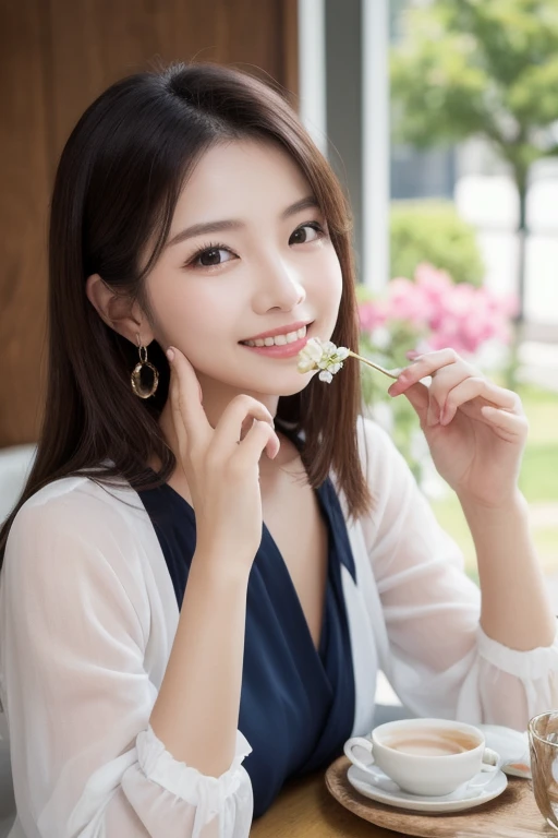  Inhaling Eyes , cute double ,  mysterious woman enjoying chiffon cake at cafe,  inside a calm cafe , Light colored medium hair, hairpin,  clothes chosen for a date , Talented , Kind personality,  woman who is very particular about the details ,  detailed ...