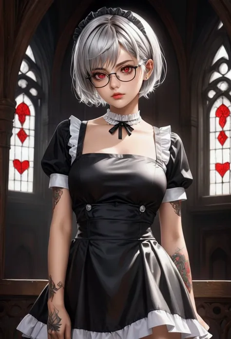 tanned skin intelligent beauty, glasses, silver shiny silky messy short hair, amorous and lewd expression, captivating red eyes, superlative body proportion, covered in tattoos, wearing black and white Northern Renaissance Gothic style tight fit maid outfi...