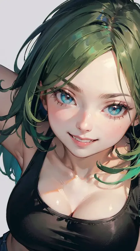 hagakure, green hair, colored eyelashes, green eyelashes, tank top, shorts, large white gloves, energetic, hands up, grin, large breast, , ((masterpiece)), ((best quality)), (ultra-detailed),(masterpiece:1.2, best quality), (real picture, intricate details...