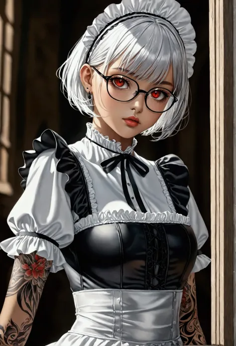 tanned skin intelligent beauty, glasses, silver shiny silky messy short hair, amorous and lewd expression, captivating red eyes, superlative body proportion, covered in tattoos, wearing black and white Northern Renaissance Gothic style tight fit maid outfi...