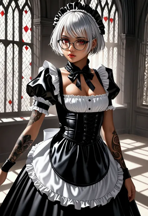 tanned skin intelligent beauty, glasses, silver shiny silky messy short hair, amorous and lewd expression, captivating red eyes, superlative body proportion, covered in tattoos, wearing black and white Northern Renaissance Gothic style tight fit maid outfi...