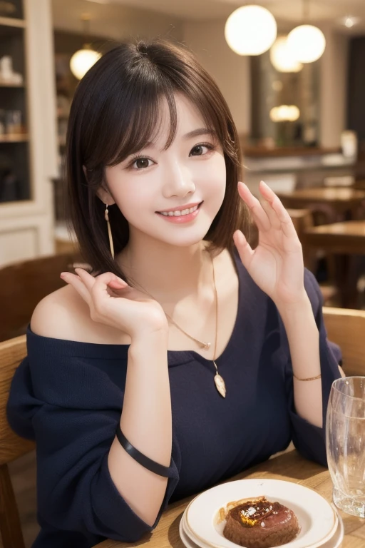  Inhaling Eyes , cute double ,  mystery woman enjoying chiffon cake at cafe,  inside a calm cafe , Light colored medium hair, hairpin,  clothes chosen for a date , Talented , Kind personality,  woman who is very particular about the details ,  detailed hai...