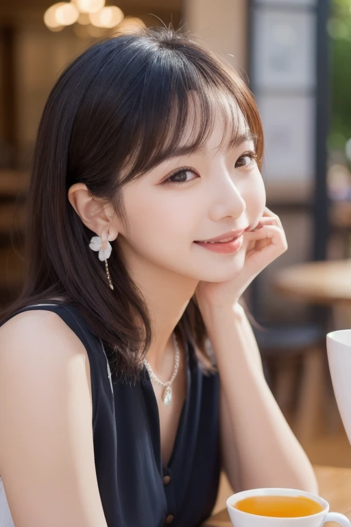  Inhaling Eyes , cute double ,  mystery woman enjoying chiffon cake at cafe,  inside a calm cafe , Light colored medium hair, hairpin,  clothes chosen for a date , Talented , Kind personality,  woman who is very particular about the details ,  detailed hai...