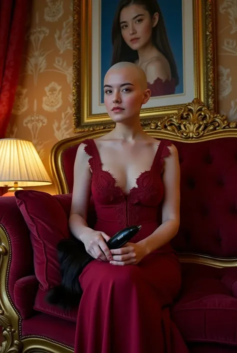 (((pale skin bald woman))), in bedroom with evil seductive sexy vibe, (((completely bald head))). Looking at viewer. (((she is holding in her left hand a "Wahl" hair clipper))). (((She is holding in her right hand long cut strands of dark hair))). well lit...