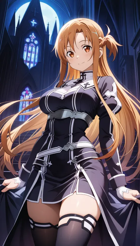 1girl,asuna yuuki(Sword Art Online),narrow waist, underbust, thighhighs,breasts, ( dark church, night church), masterpiece, best quality, amazing quality, very aesthetic, absurdres, 