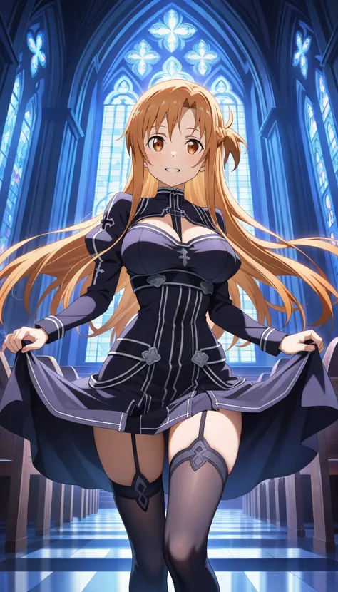 1girl,asuna yuuki(Sword Art Online),narrow waist, underbust, thighhighs,breasts, ( dark church, night church), masterpiece, best quality, amazing quality, very aesthetic, absurdres, 