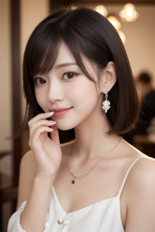  Inhaling Eyes , cute double ,  mysterious woman enjoying chiffon cake at cafe,  inside a calm cafe , Light colored medium hair, hairpin,  clothes chosen for a date , Talented , Kind personality,  woman who is very particular about the details ,  detailed ...