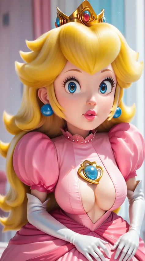 Princess peach has golden blonde hair, big blue earings, and blue eyes. She has a rounded face with subtle details, she is looking at from the viewer. Princess Peach is wearing a dark pink gown with a fitted bodice, large puffy sleeves, and a voluminous sk...