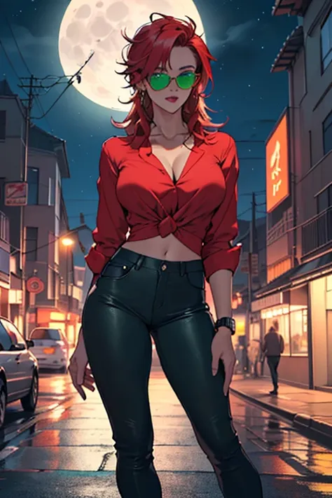 (( better quality )), (( masterpiece )), (Detailed),(8K), 1 woman, ((wearing tight pants )), (( tight blouse )), (( red hair)), (green eyes), ((Beautiful hair)), (sunglasses of heroin), (( big breasts)), ((neckline)), (26 years old), ((urban landscape)), (...