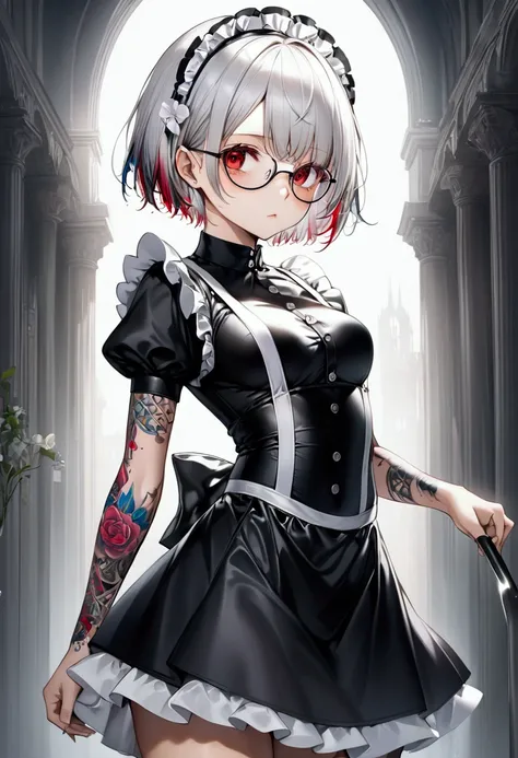 tanned skin intelligent beauty, glasses, silver shiny silky messy short hair, amorous and lewd expression, captivating red eyes, superlative body proportion, covered in tattoos, wearing black and white Northern Renaissance Gothic style tight fit maid outfi...