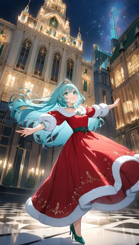 Highest quality、Light blue hair、Short Bob、Deep green eyes,20 years old,small breast,Long dress with the motif of Santa Clauss red clothes、 tiara 、 high heels、 dancing、 looking up at the sky、smile、night、full body