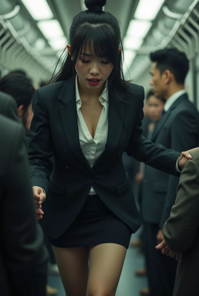 (( woman whose butt was touched on the train ))、日本people女性、( Office Lady 、OL、 business suit)、( skirt twisted )、Black-haired、Long hair bun hairstyle、a beauty girl１people、people間３people、(((Being sexually abused)))、(( miniskirt))、(( business suit))、Pale skin、...