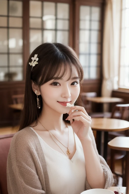  Inhaling Eyes , cute double ,  mystery woman enjoying chiffon cake at cafe,  inside a calm cafe , Light colored medium hair, hairpin,  clothes chosen for a date , Talented , Kind personality,  woman who is very particular about the details ,  detailed hai...