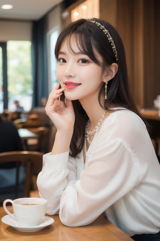  Inhaling Eyes , cute double ,  mystery woman enjoying chiffon cake at cafe,  inside a calm cafe , Light colored medium hair, hairpin,  clothes chosen for a date , Talented , Kind personality,  woman who is very particular about the details ,  detailed hai...