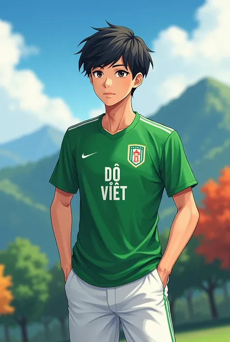 hình ảnh nhìn từ phía sau chàng trai, anime hair ,  wearing a green No. 18 football shirt with name DO VIET , unmarked  , white letters dropping his hand into his white pants pocket ( on the left hand wearing a black pool ),  nature background ,  with mult...