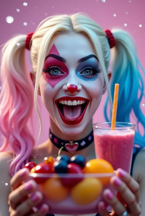 Close-up of Harley Quinn, a fictional character from DC Comics. 


She is depicted with her signature vibrant pink and blue hair, face paint, and red and black attire. Her face paint features a white and pink/red split design, a wide, expressive smile, and...