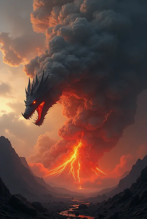 A dramatic volcanic eruption with thick, dark smoke rising into the sky. The smoke forms the shape of a grotesque dragon breathing fire, its menacing features visible in the swirling clouds. Lightning bolts crackle through the smoke, illuminating the drago...