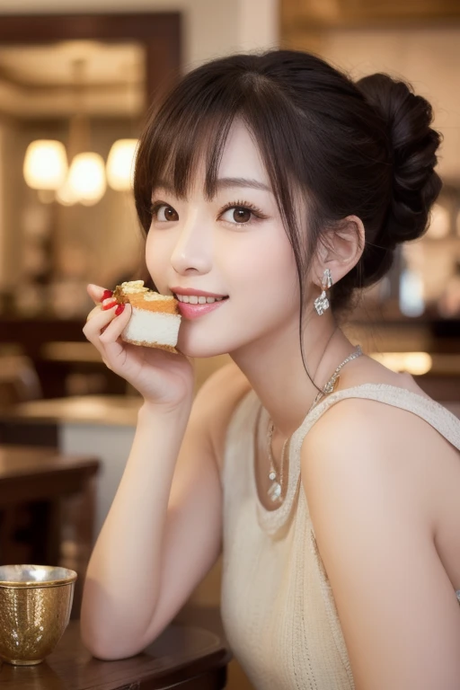  Inhaling Eyes , cute double ,  mysterious woman enjoying chiffon cake at cafe,  inside a calm cafe , Light colored medium hair, hairpin,  clothes chosen for a date , Talented , Kind personality,  woman who is very particular about the details ,  detailed ...