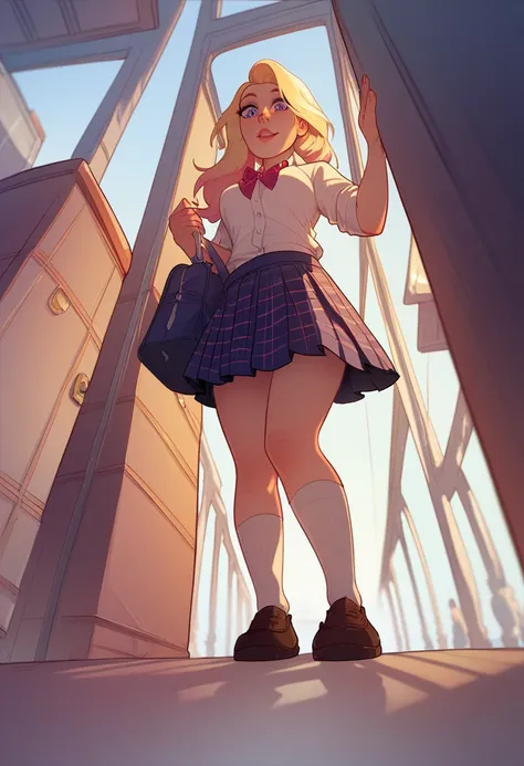  Beautiful blonde girl ,  schoolgirl, He walks through the corridors of his school, full body, perspective, Angle of the camera looking down at the character 