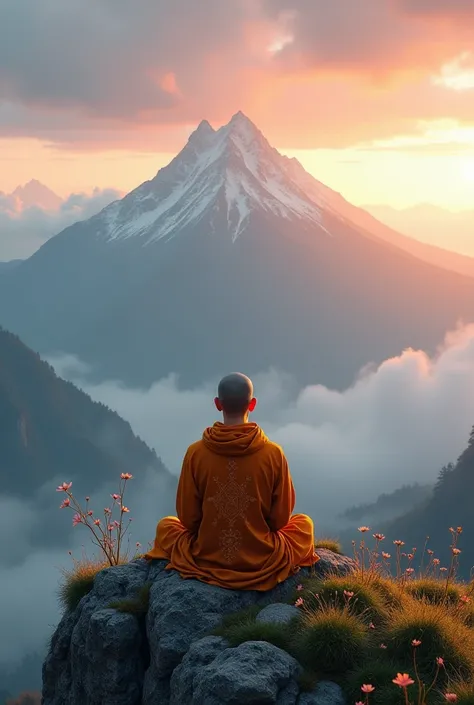 Create a highly detailed, photorealistic image of a serene monk sitting cross-legged on the peak of a majestic mountain. The monk is meditating in a tranquil pose, wearing traditional saffron robes with intricate embroidery. His posture exudes peace and wi...