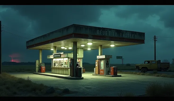 An old and desolate gas station ,  with flashing lights .  The store seems covered in dust ,  and the doors are wide open .  in the background ,  the truck parked next to a pump .  The scene is shrouded in an atmosphere of solitude and mystery.  Wide view ...