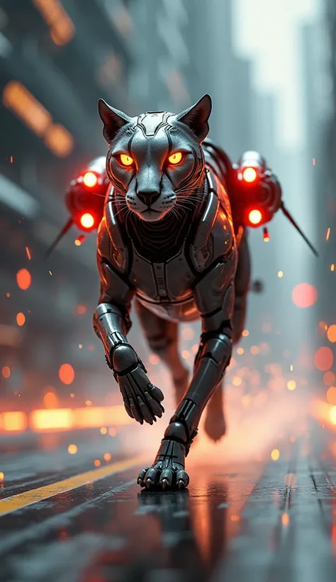 A lean, ultra-fast cheetah with sleek metallic armor and glowing red rocket boosters on its back. Its legs are reinforced with flexible steel, and its eyes glow bright orange. It sprints across a futuristic racetrack, leaving trails of fire and sparks in i...