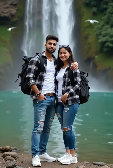 a man Arab handsome and beautiful asian woman , they are wearing a black white flannel shirt, white t shirt,blue ripped jeans, wearing white sneakers Jordan, the woman holding a camera, the man Embrace the womans shoulderscarrying a large backpack. standin...