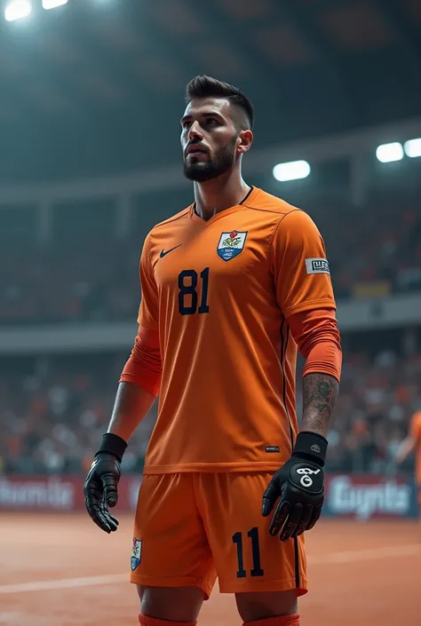 Futsala goalkeeper with number 81 orange jersey taking a penalty