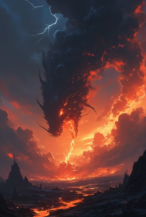 A dramatic volcanic eruption with thick, dark smoke rising into the sky. The smoke forms the shape of a grotesque dragon breathing fire, its menacing features visible in the swirling clouds. Lightning bolts crackle through the smoke, illuminating the drago...