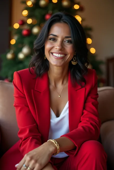  Generate a very realistic and natural photo of a beautiful Brazilian woman top model , 35 years old, half-short, black, smooth and wavy hair, smiling, showing her teeth., Wear light makeup , Gold earrings is wearing a red blazer white shirt red pants back...