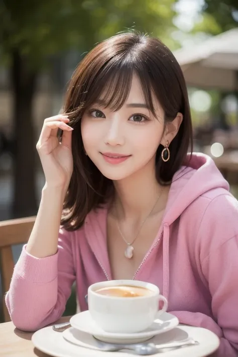  Inhaling Eyes , cute double ,  mystery woman enjoying chiffon cake at cafe,  inside a calm cafe , Light colored medium hair, hairpin,  clothes chosen for a date , Talented , Kind personality,  woman who is very particular about the details ,  detailed hai...