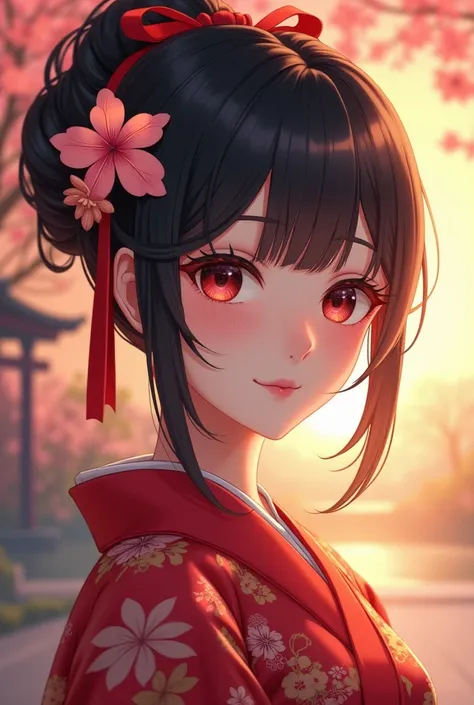 A high-resolution, high-detail, high-realism neoclassical anime-style oil painting of a young woman with dark hair adorned with delicate pink flowers. She is wearing a vibrant red kimono with intricate patterns and a matching red ribbon tied around her hea...