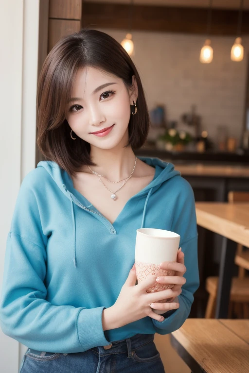  Inhaling Eyes , cute double ,  mysterious woman enjoying chiffon cake at cafe,  inside a calm cafe , Light colored medium hair, hairpin,  clothes chosen for a date , Talented , Kind personality,  woman who is very particular about the details ,  detailed ...