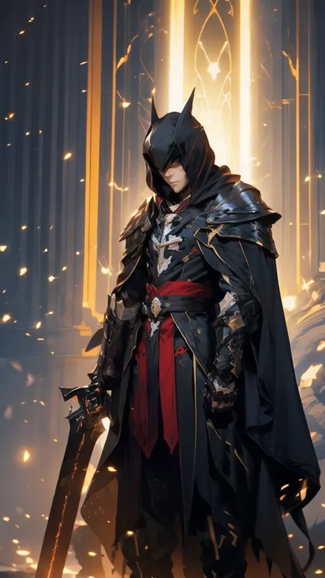  High Resolution ,  high detail,  High Quality , darkness，Rural ，A Calm Assassin Young Man，preauricular hair,  A Calm Assassin Young Man Wearing a Black Skinny Jacket ， Black Cloak ，hood,（Black Sword ） 