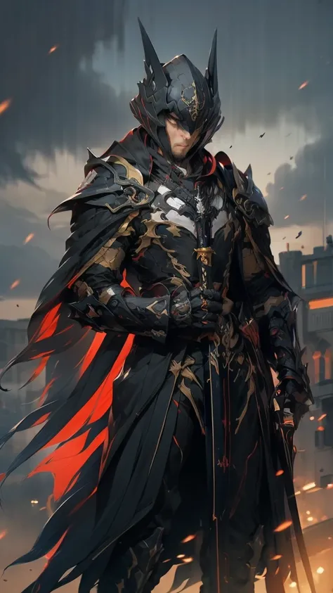  High Resolution ,  high detail,  High Quality , darkness，Rural ，A Calm Assassin Young Man，preauricular hair,  A Calm Assassin Young Man Wearing a Black Skinny Jacket ， Black Cloak ，hood,（Black Sword ） 