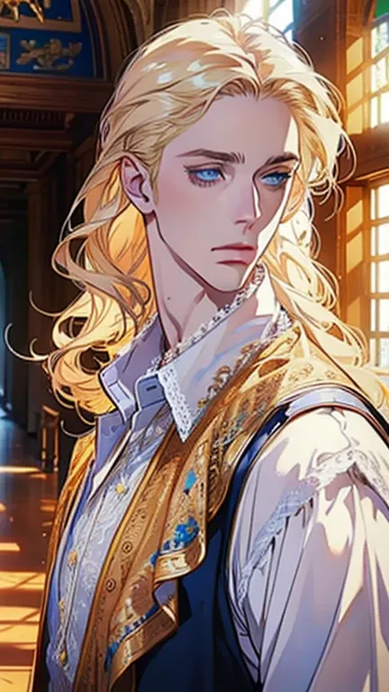 1 man, Realistic, master-piece, bestquality, Beautiful, detailed eyes and detailed faces.,natural light, Medieval Fantasy, European retro, White shirt, lace, Long dark golden hair, blue eyes, attractive, depressed, Decorative flowers, sunbeam