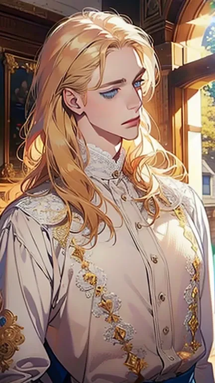 1 man, Realistic, master-piece, bestquality, Beautiful, detailed eyes and detailed faces.,natural light, Medieval Fantasy, European retro, White shirt, lace, Long dark golden hair, blue eyes, attractive, depressed, Decorative flowers, sunbeam