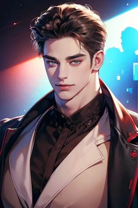 (best quality,4k,8k,highres,masterpiece:1.2),ultra-detailed,(realistic,photorealistic,photo-realistic:1.37),30 year old man,3 day beard,handsome anime,portraits,strong,masculine,dark hair,sharp jawline,mesmerizing eyes,perfectly styled hair,cool anime outf...