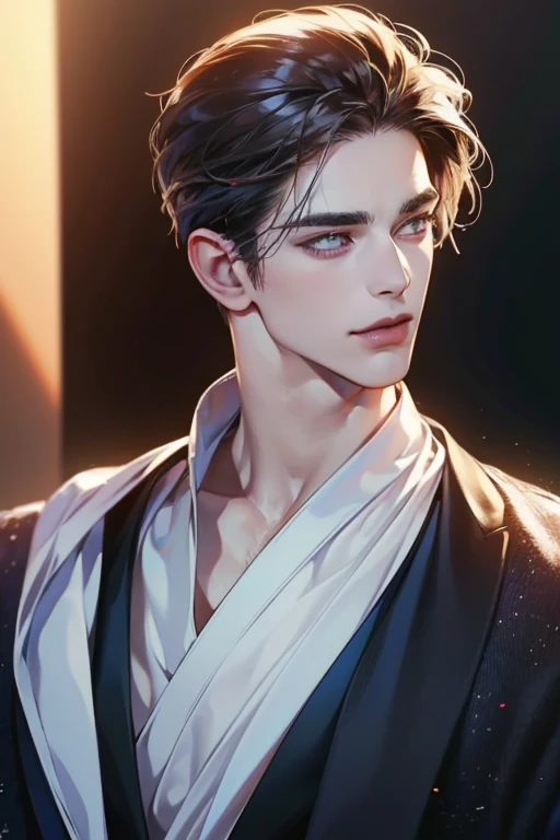 (best quality,4k,8k,highres,masterpiece:1.2),ultra-detailed,(realistic,photorealistic,photo-realistic:1.37),30 year old man,3 day beard,handsome anime,portraits,strong,masculine,dark hair,sharp jawline,mesmerizing eyes,perfectly styled hair,cool anime outf...