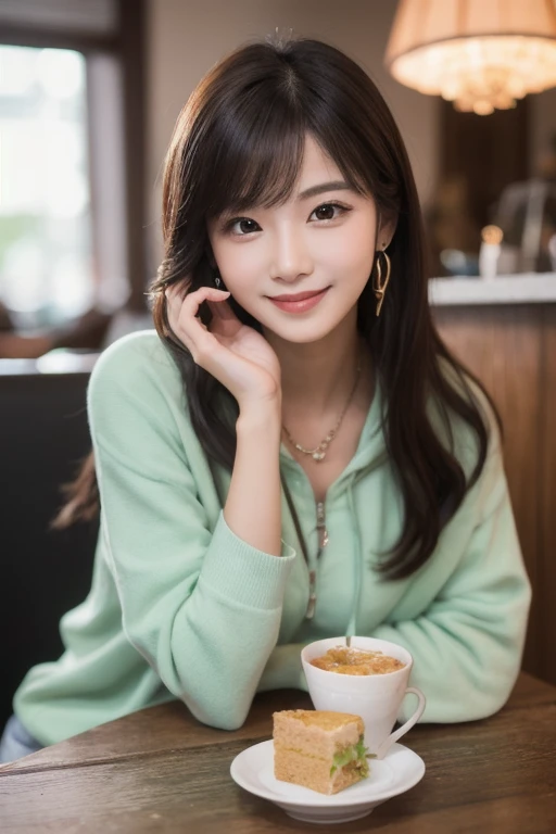  Inhaling Eyes , cute double ,  mysterious woman enjoying chiffon cake at cafe,  inside a calm cafe , Light colored medium hair, hairpin,  clothes chosen for a date , Talented , Kind personality,  woman who is very particular about the details ,  detailed ...